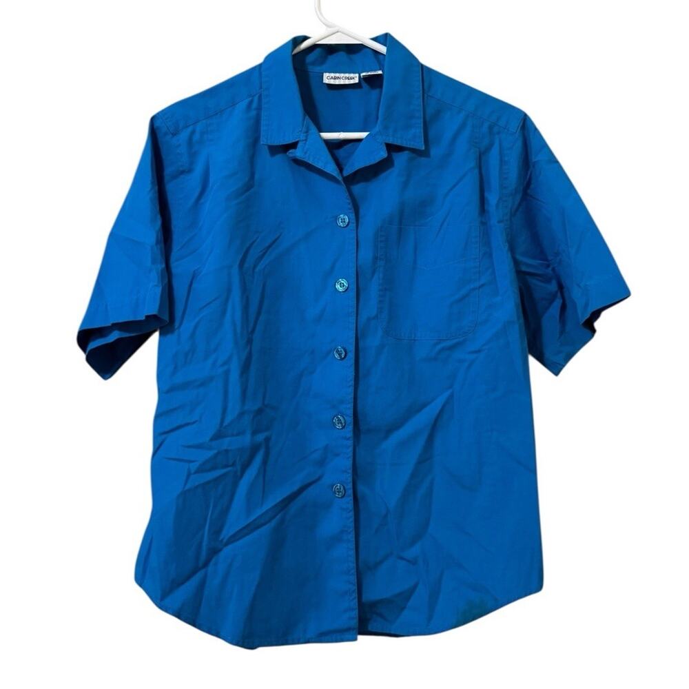 Cabin Creek Women Size Medium Button Down Collared Shirt Blue Retro Classic City